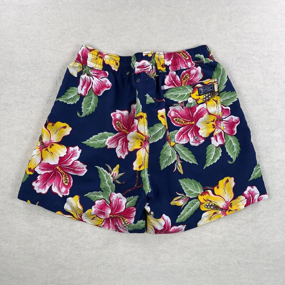 Polo Ralph Lauren Mens Navy Blue Hibiscus Floral Tropical Swim Trunks Size Large